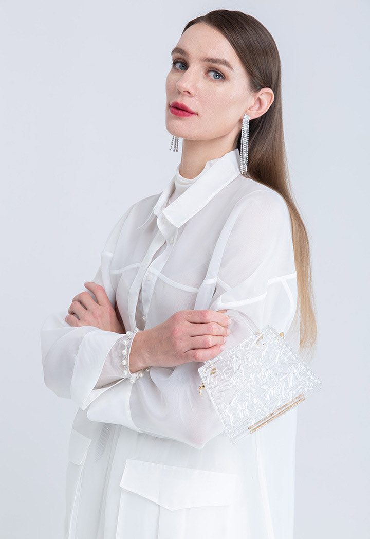 Patch Pockets Long sleeve Organza Dress