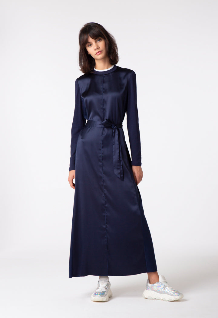 Mix Fabric Navy Long Dress - Fresqa