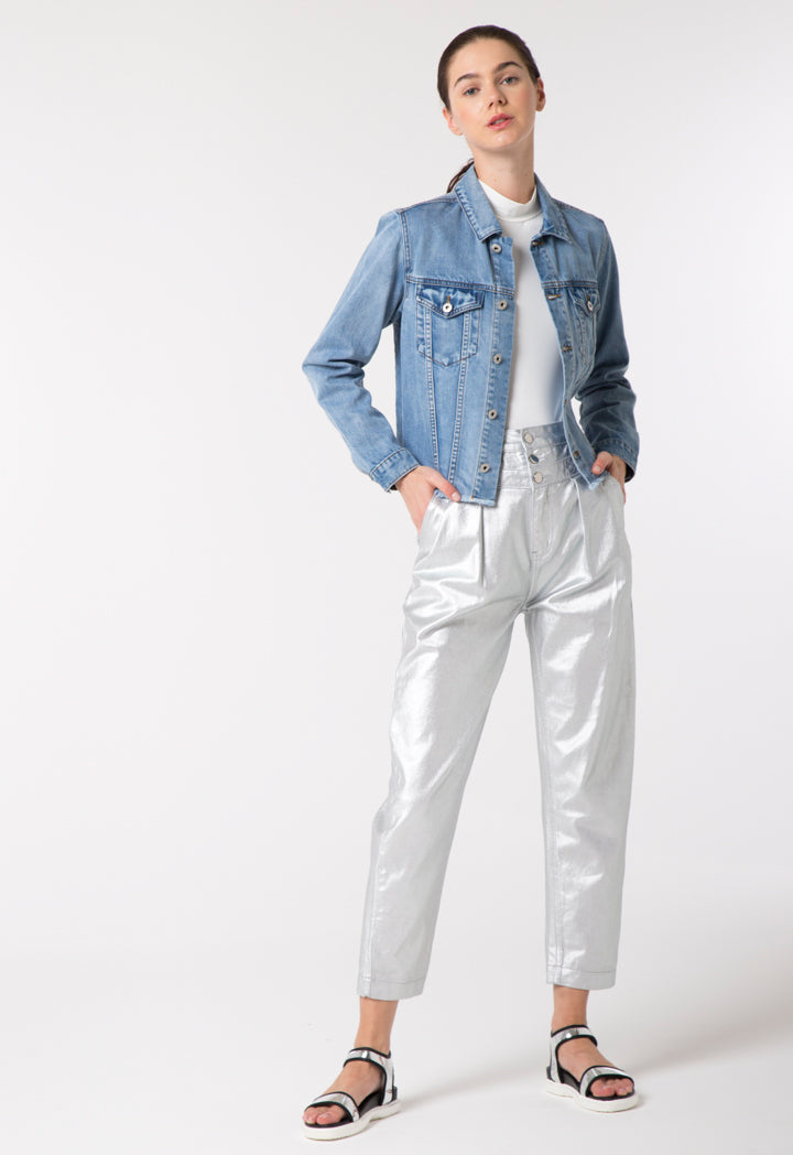 Silver Metallic Cotton Pants - Fresqa