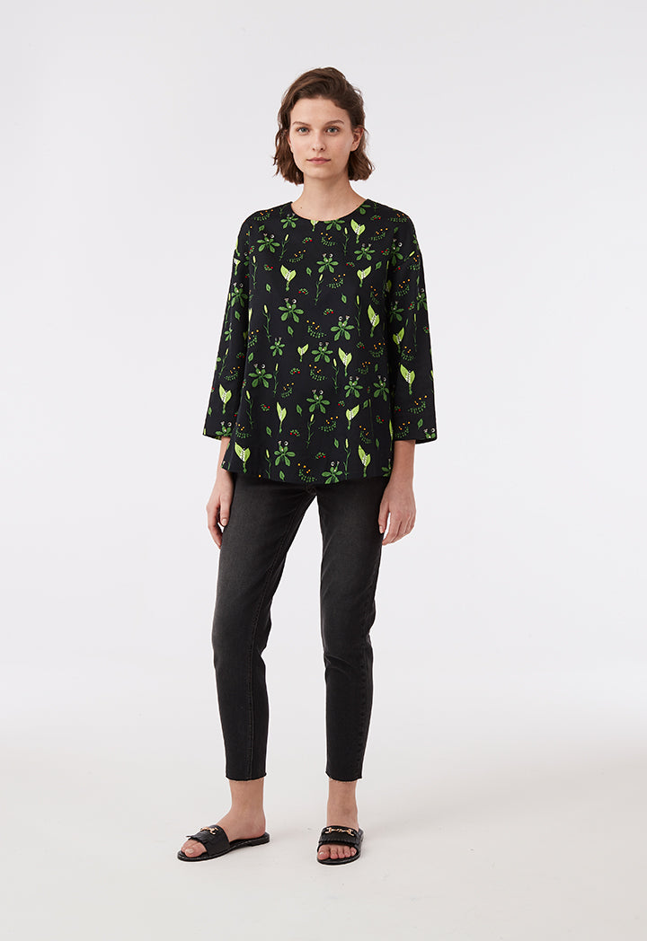 Black Floral Blouse With Slits