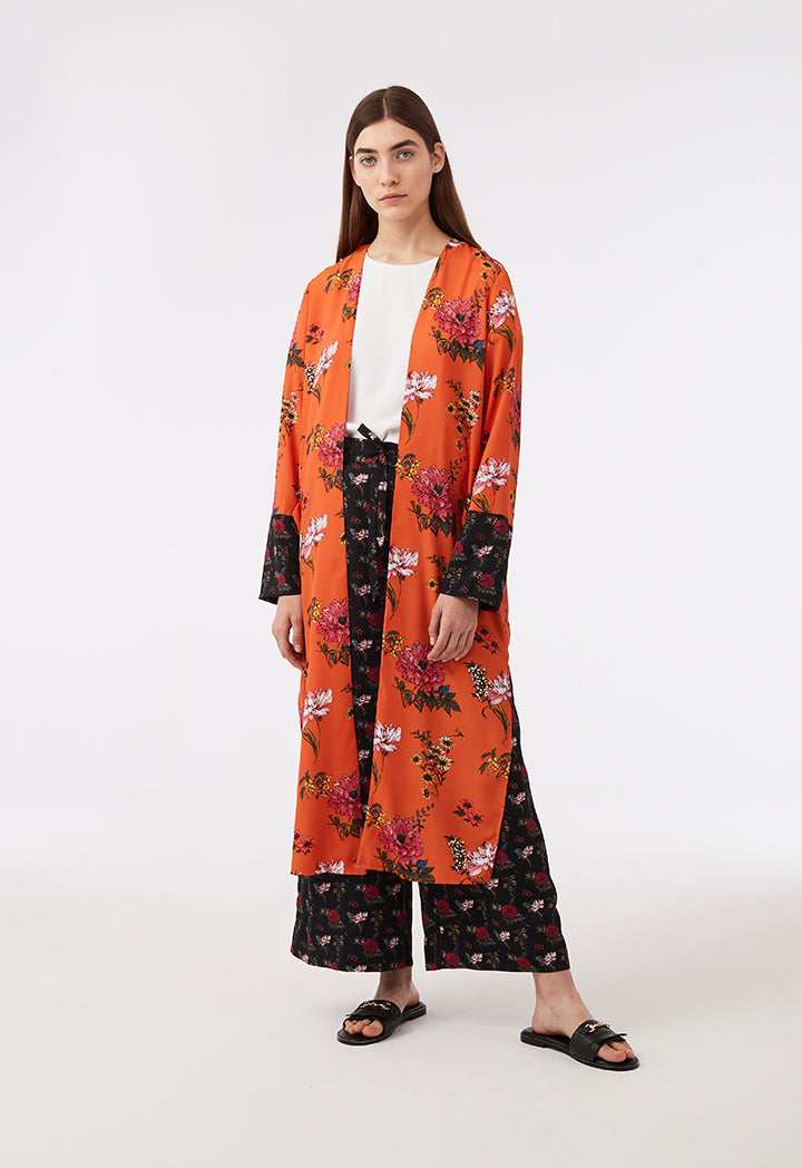 Printed Open Front Outerwear With Slits