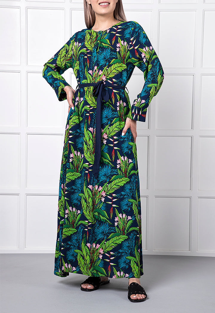 Tropical Print Belted Maxi Dress