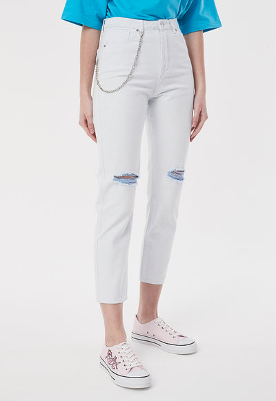 Knee Ripped White Denim Pants