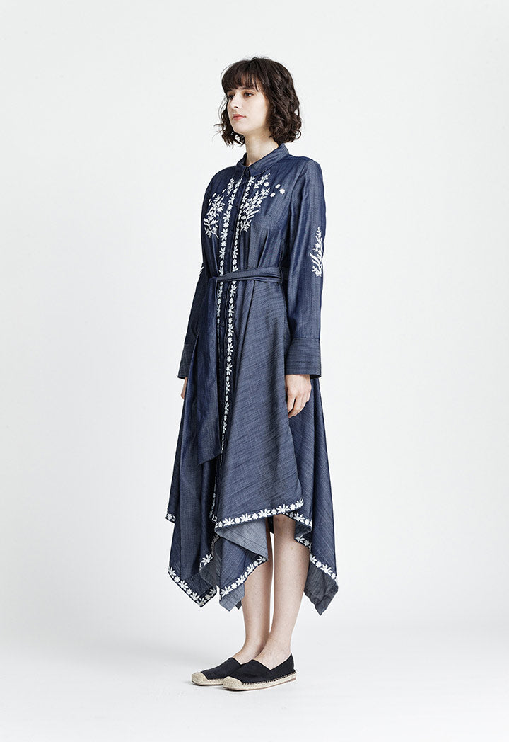 Contrast Embroidered Denim Dress