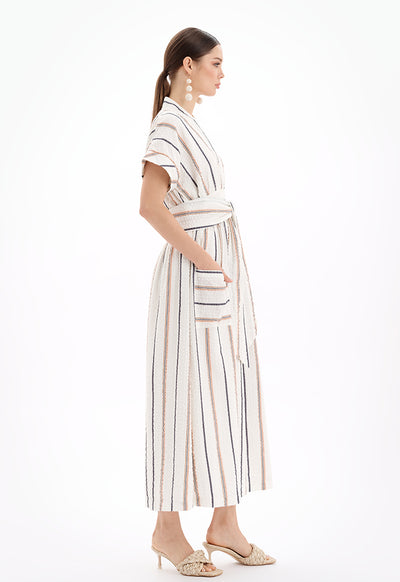 Short Sleeves V-Neck Striped Maxi Dress - Ramadan Style