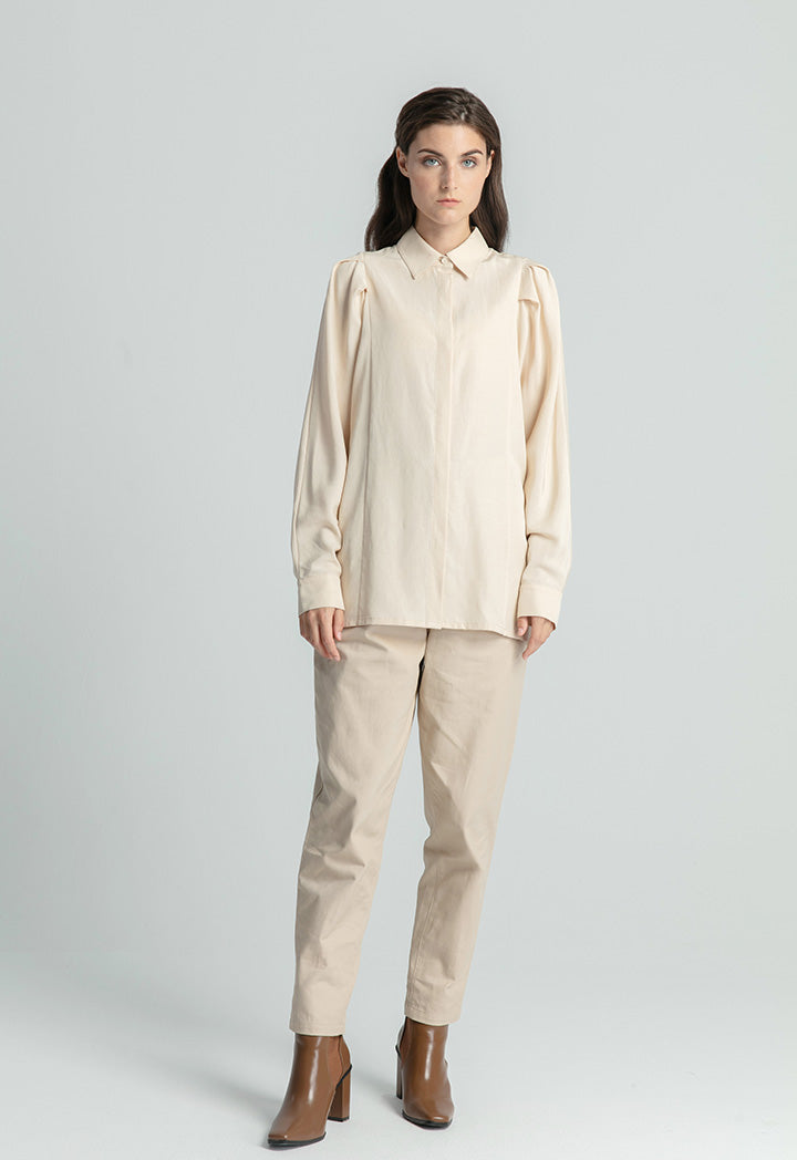 Pleated Balloon Sleeve Single Tone Shirt