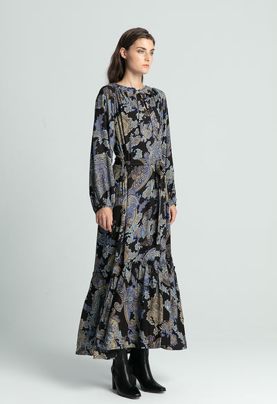 All Over Printed Neck Tie Long Dress