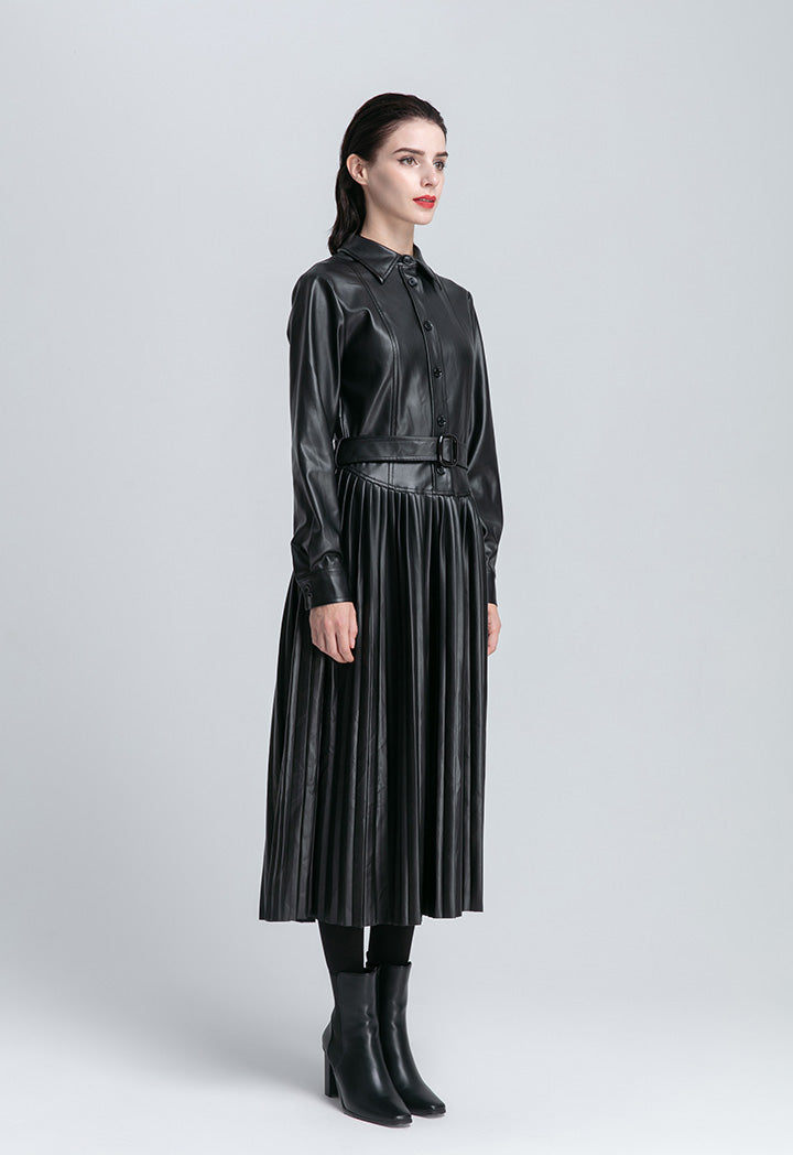 Accordion Pleated Faux Leather Dress
