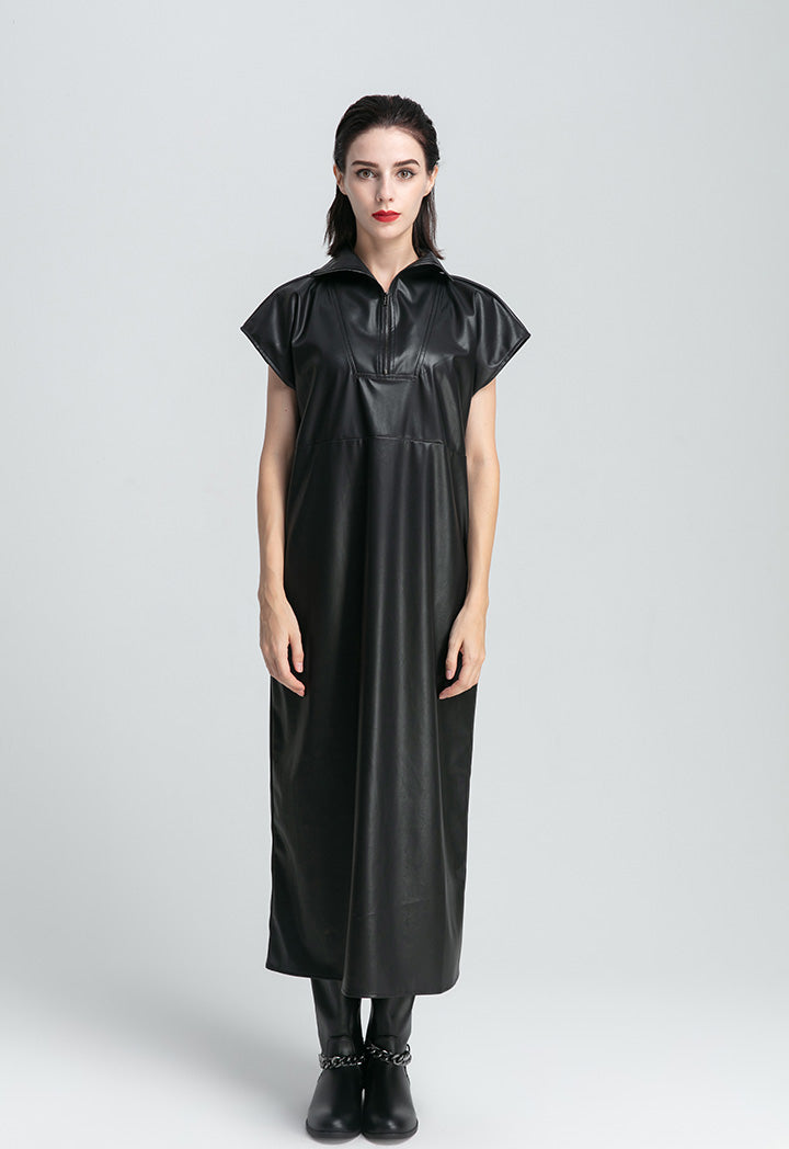 Front Yoke High Neck Faux Leather Dress