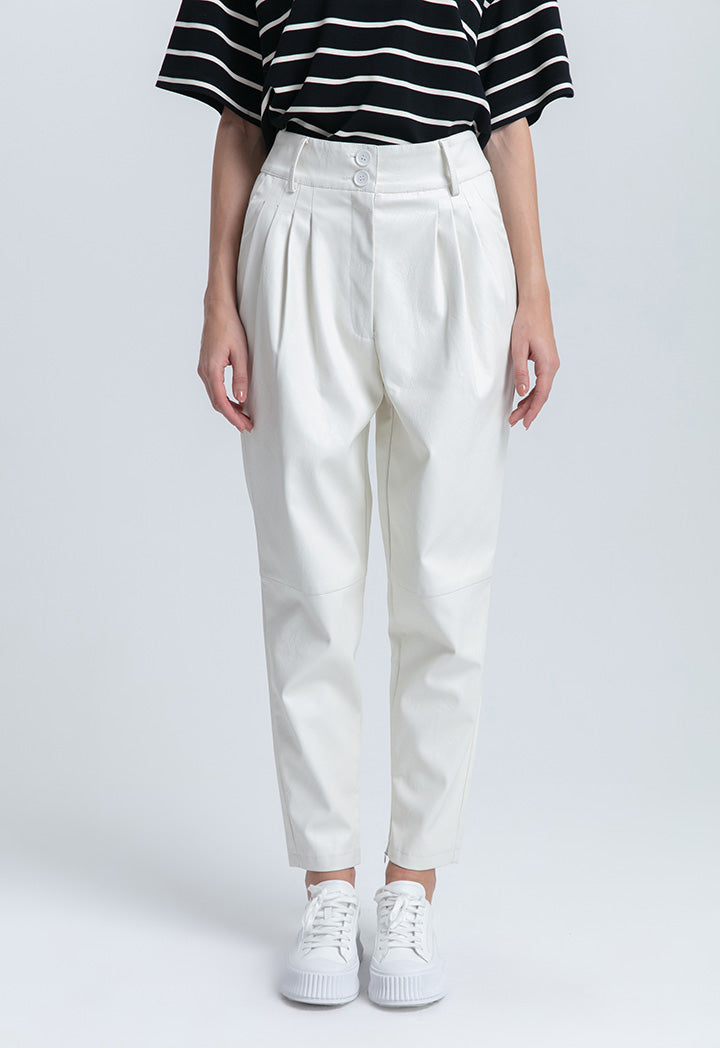 Pleated Faux Leather Solid Pegged Trouser