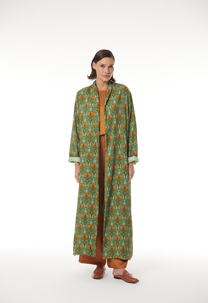 Flower and Leaf Printed Maxi Open Abaya