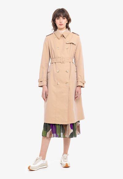 Studded Collar Gabardine Trench Coat