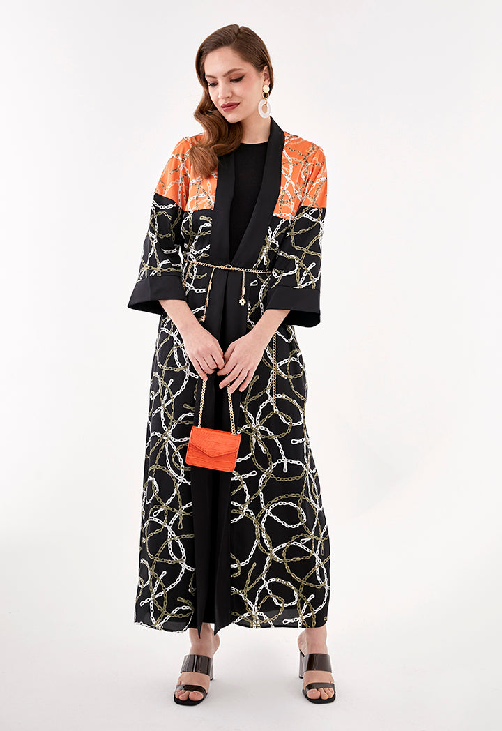 Color Block Chain Print Long Kimono