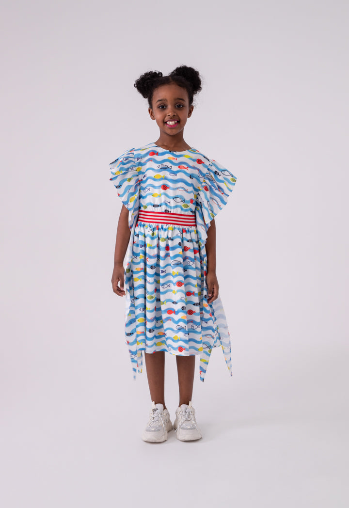 Butterfly Sleeve Printed Poplin Dress