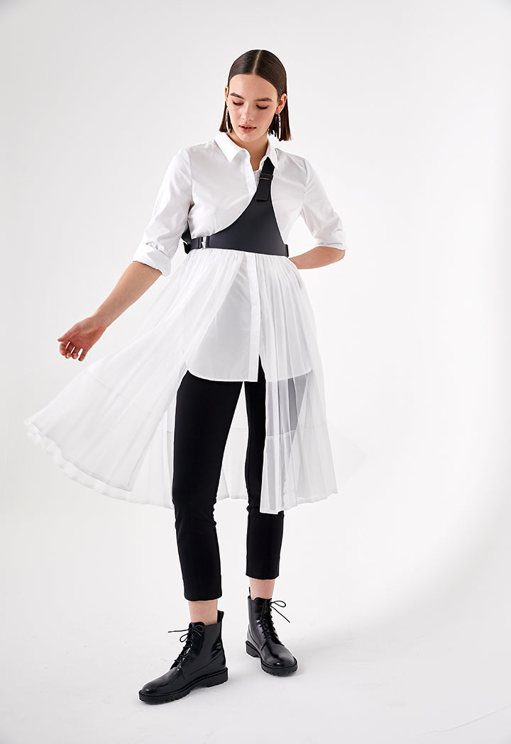 White Long Pleated Overlay Shirt