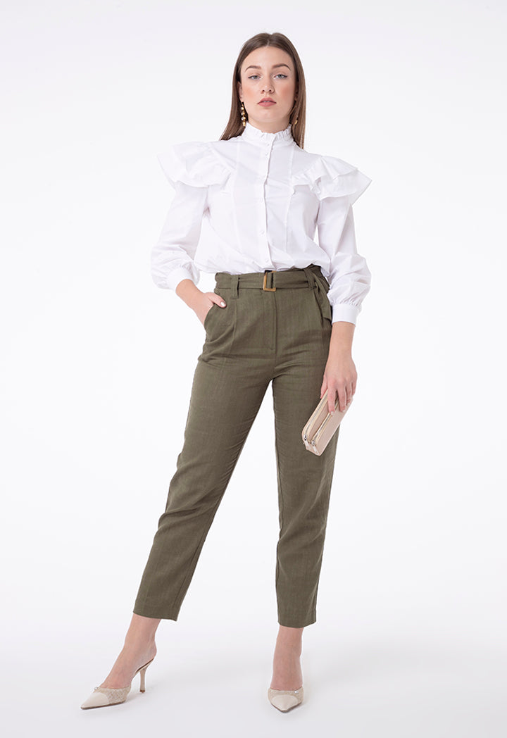 Buckle Belted Linen Trouser