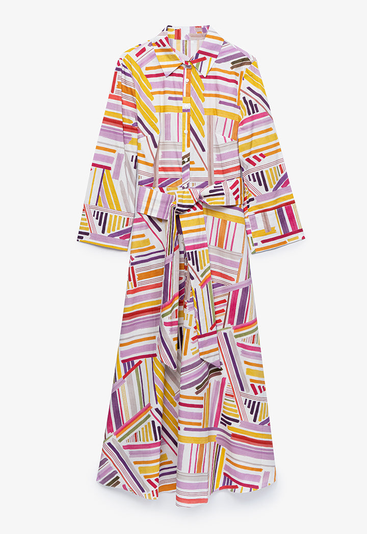 Abstract Stripe Printed Dress With Belt