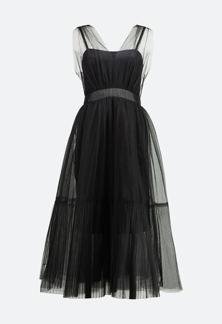 Black Mesh Overlay V Neckline Dress