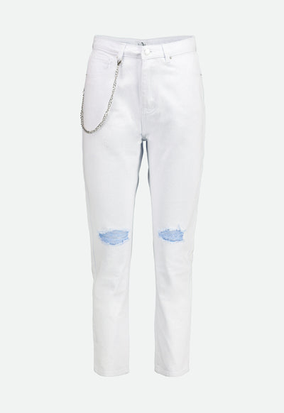 Knee Ripped White Denim Pants