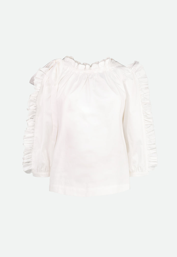 Drawstring Ruffle Neckline Blouse