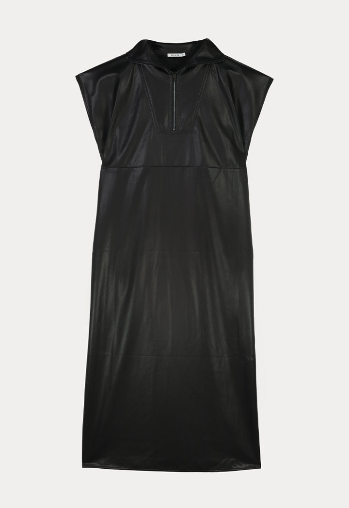Front Yoke High Neck Faux Leather Dress