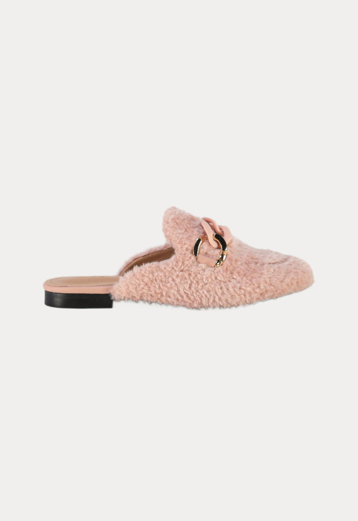Faux Fur Chunky Chain Snaffle Mule Shoes