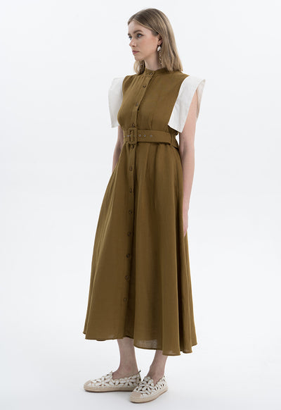 Contrast Flap Maxi Linen Dress