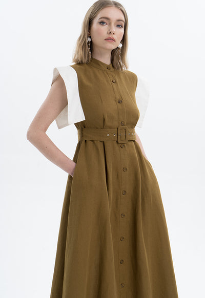 Contrast Flap Maxi Linen Dress