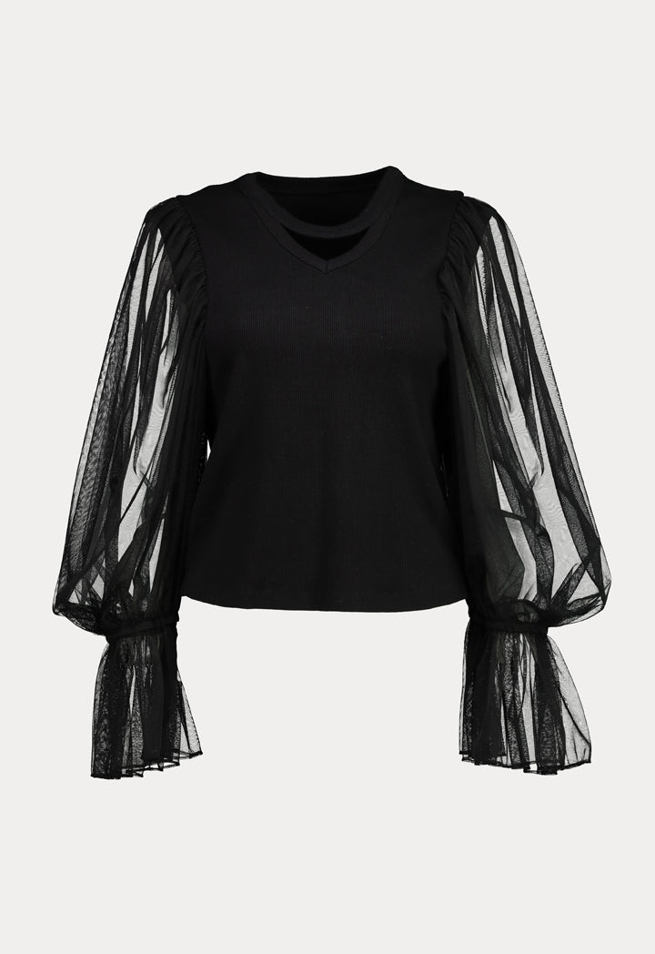 Black Knitted Tulle Sleeve Top