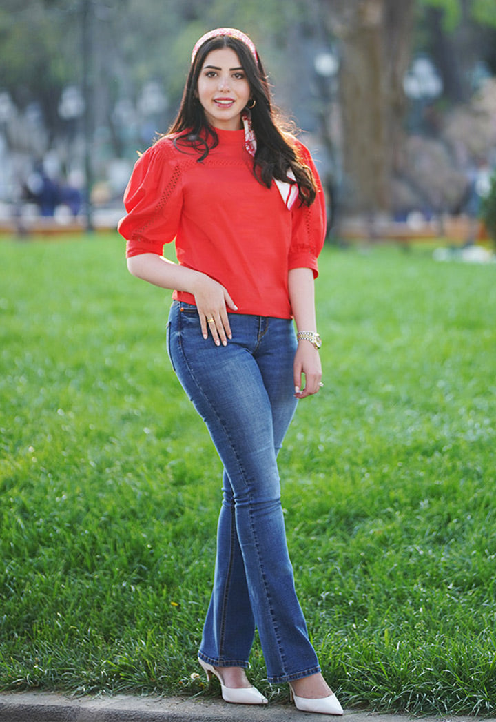 Balloon Sleeves Red Blouse