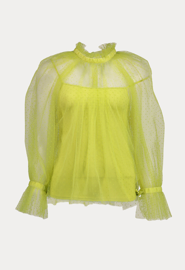 Mesh Ruffle Neckline Blouse