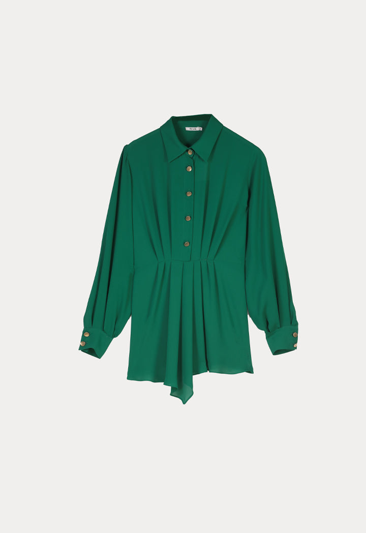 Pleated Asymmetrical Contrast Button Blouse