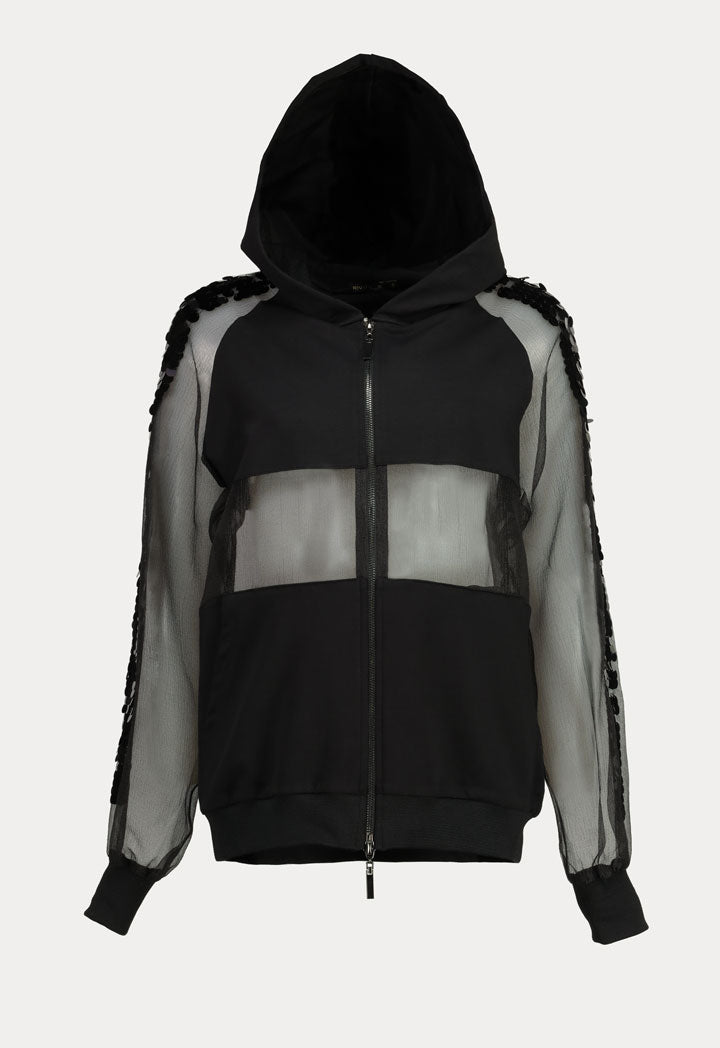 Black Hooded Organza Trim Jacket