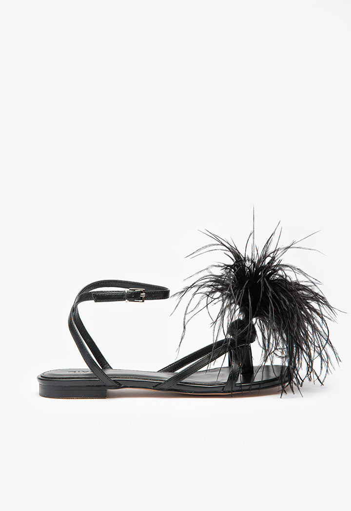 Dot Feather Trimmed Flat Sandals