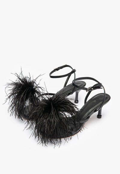 Dot Feather Trimmed Stiletto Sandals