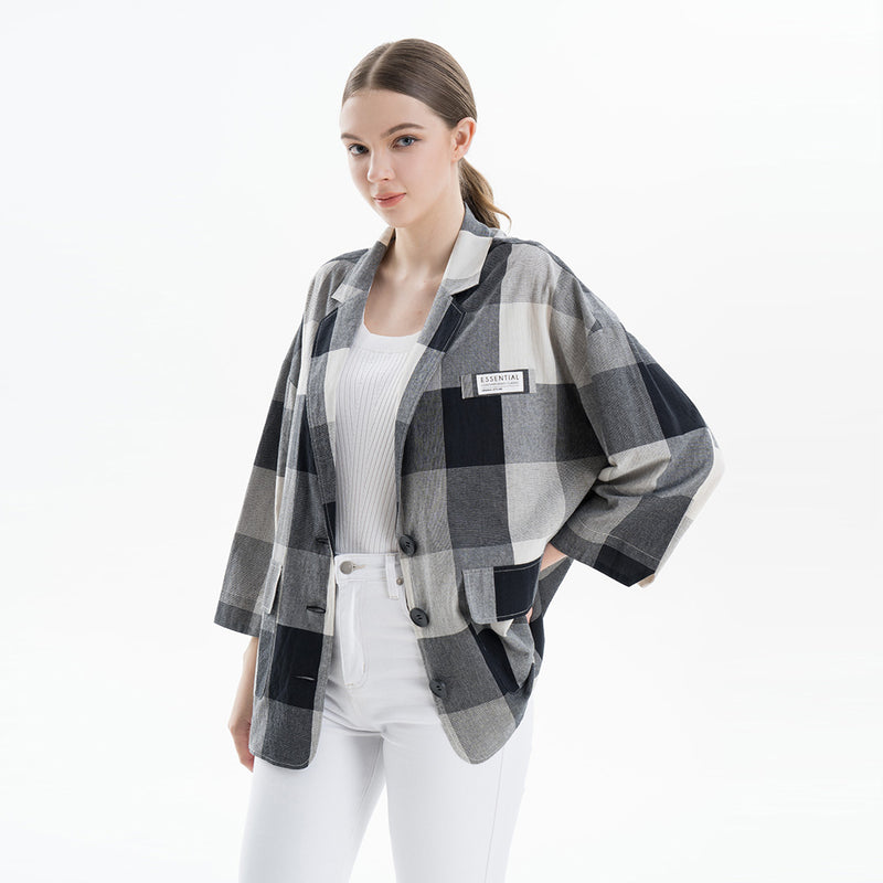 Checked Oversized Blazer Buttoned Cotton Shirt