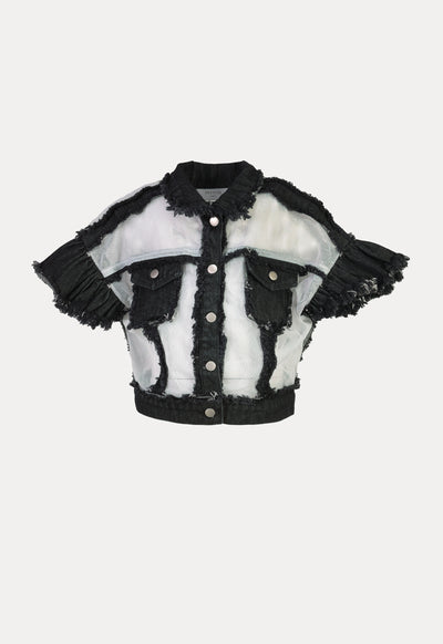 Mesh Cut Out Frayed Denim Jacket