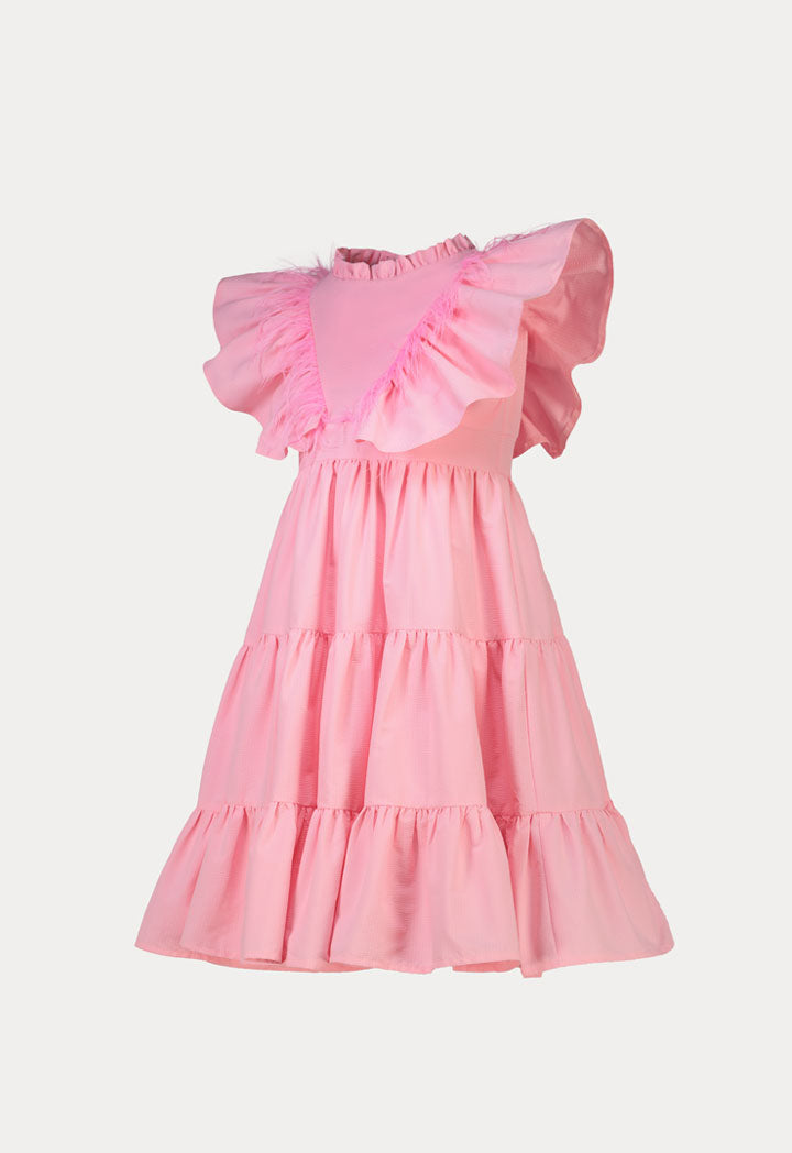 Frilled Feather Embellished Tiered Casual Dress