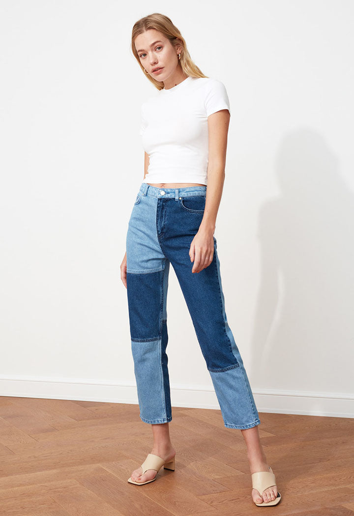 Color-Â BlockedÂ High Waist Straight Jeans