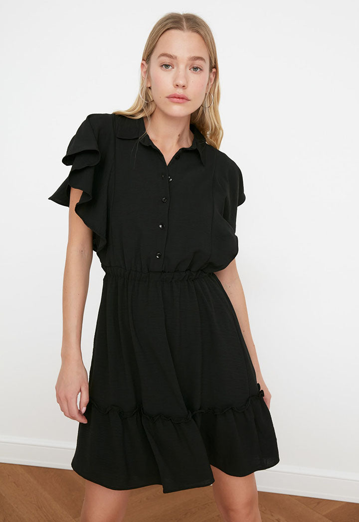 Ruffled Sleeve Collared Dress