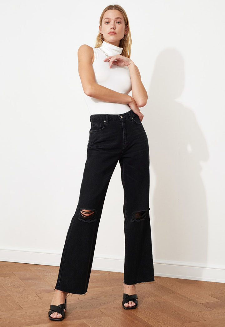 Ripped Detailed High Waist Wide Leg Jeans