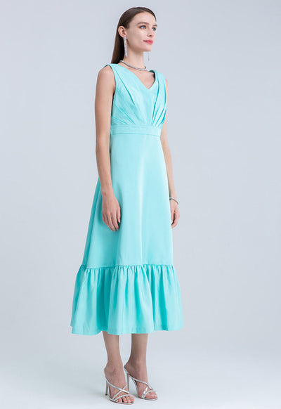 Slanted Pleats Frill Hem Sleeveless Dress