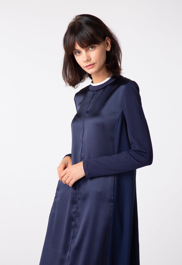 Mix Fabric Navy Long Dress - Fresqa