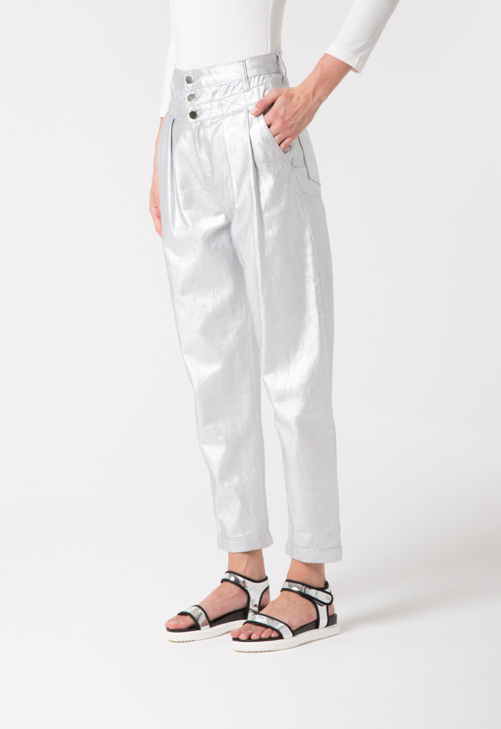 Silver Metallic Cotton Pants - Fresqa