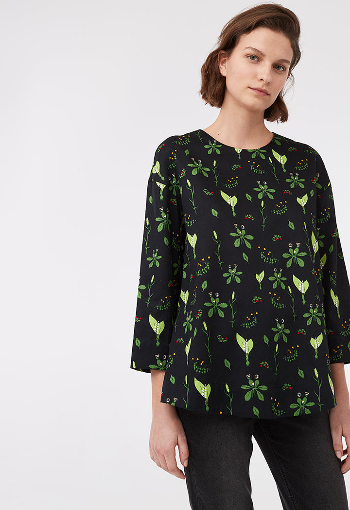 Black Floral Blouse With Slits