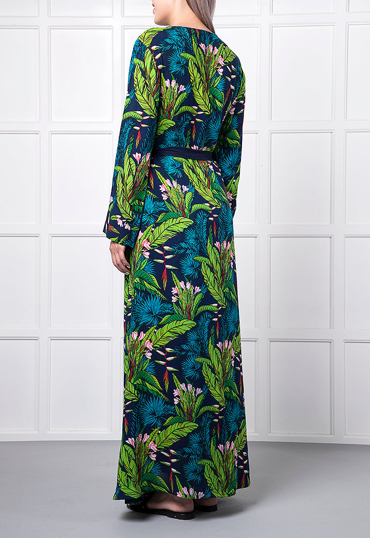 Tropical Print Belted Maxi Dress