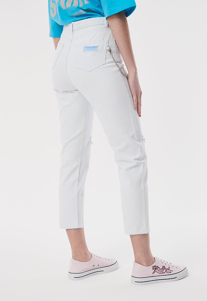 Knee Ripped White Denim Pants