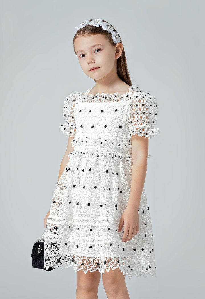 Cut Out Lace Overlay Puff Sleeve Dress