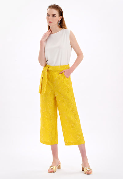 Wide Leg Jacquard Pants With Self-Fabric Belt