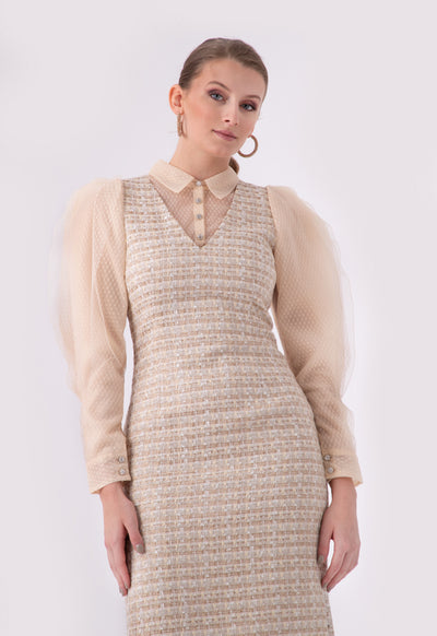 Lurex Tweed Lace Organza Trim Dress